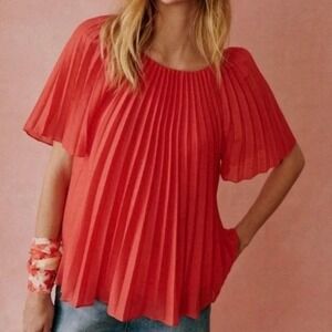 Sezane Romy Pleated Blouse Size 2 Red Flutter Sleeve Scoop Neck Feminine Elegant